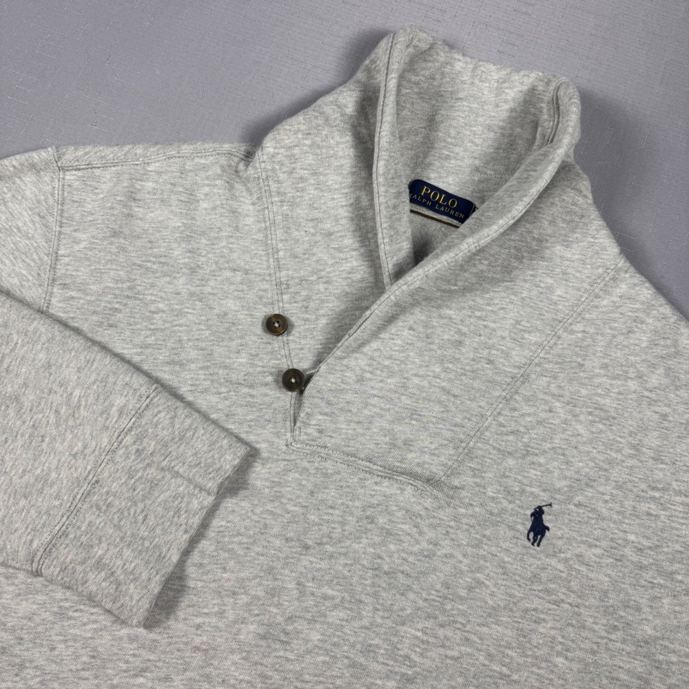Polo Ralph Lauren Shawl Collar Sweatshirt Gray Elbow Patches Mens XL Fleece